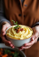 A bowl of mashed potatoes, garnished with herbs and crispy onions, ready for a memorable Thanksgiving dinner