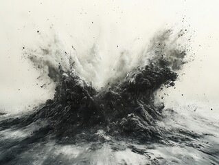 chalk particles burst into the air, creating an artistic explosion against a stark white background, evoking energy and creativity in the chaos