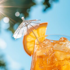 Refreshing iced tea with a slice of orange and umbrella under sunny skies. Ideal summer drink for relaxation and enjoyment.