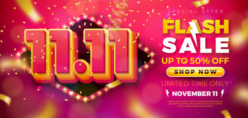 11 November Shopping Day Flash Sale Design with 3d 11.11 Number, Light Bulb Billboard and Stage Podium on Red Background. Vector Special Offer 50 Percent Off Campaign Discount Illustration for Coupon