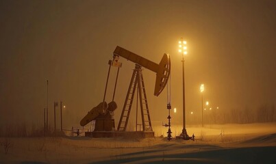 A working oil pump jack at night in a snow-covered field, illuminated by industrial lights. Free copy space