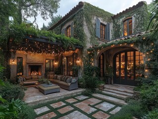Fototapeta premium charming outdoor patio with stylish seating, adorned with lush greenery and twinkling fairy lights, creating an inviting atmosphere for relaxed gatherings and cozy conversations under the evening sky