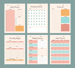 Planner template set, monthly budget, daily weekly monthly planner, to do list, checklist, meal planner, time menagement concept, minimalist template page, organiser on beige background for papers