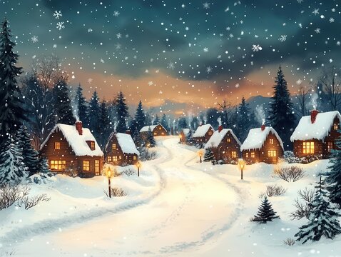 charming winter village scene covered in soft snow, with cozy cottages, twinkling lights, and snowflakes falling gently, encapsulating the essence of a nostalgic christmas card illustration