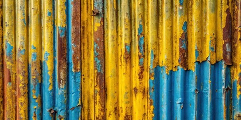 Obraz premium Abstract industrial texture, yellow and blue paint peeling on corrugated metal.