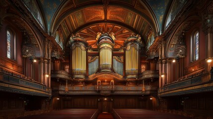 Fototapeta premium A large pipe organ inside a historic church, showcasing its intricate design.