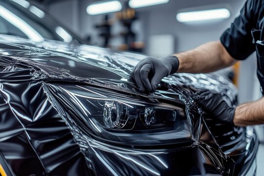 A mechanic is applying protective film to a car. This photo is ideal for websites selling protective films for vehicles.