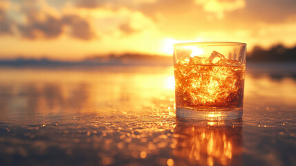 glass of whiskey with ice sits on reflective surface, illuminated by stunning sunset. warm colors of sky create serene and inviting atmosphere