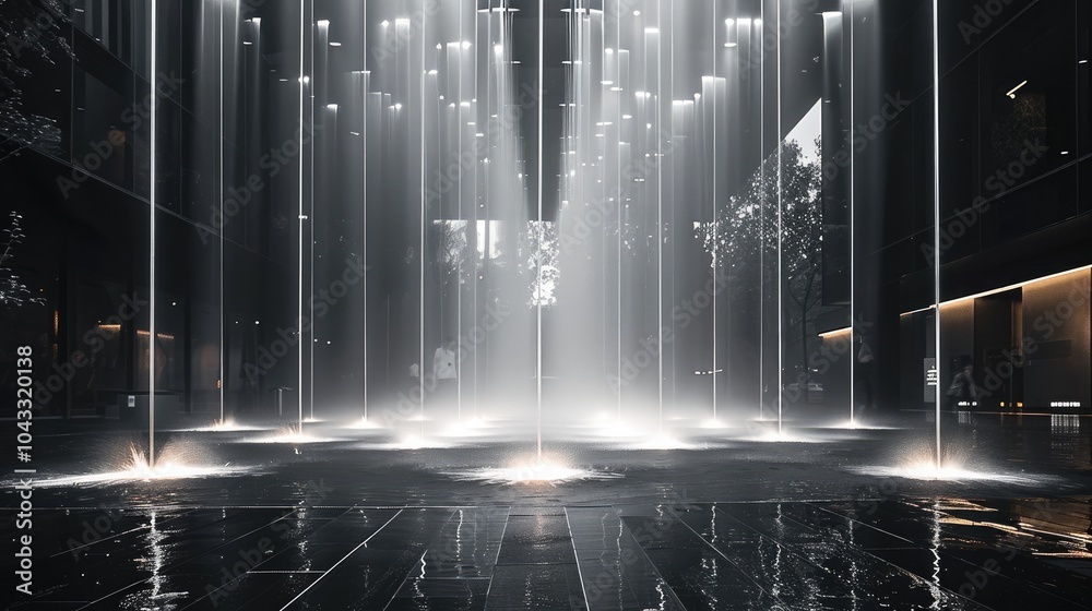 Leinwandbilder a grid of water jets coming from the ground going up vertically, each one of them has lighting featu