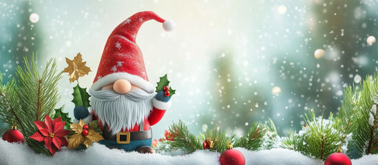 Merry Christmas banner with  gnome and festive decoration for christmas