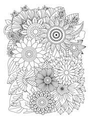 Flower pattern. Vector doodle flowers in black and white. Page adult coloring book. Coloring Flower Page.