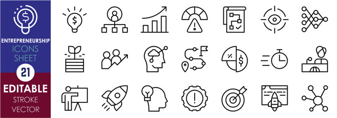 A set of line icons related to Entrepreneurship. Innovation, startup, business plan, strategy, investment, risk, vision, network, report, and so on. Vector editable stroke.