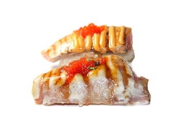 Pictures of food of Japanese with sushi salmon slices serving on white background with isolated concept.