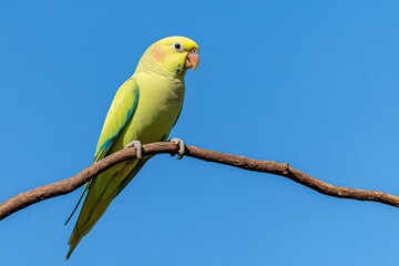 Fototapeta premium A green parakeet perched on a branch against a blue sky.