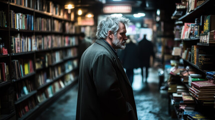 man with gray hair stands thoughtfully in dimly lit bookstore, surrounded by shelves filled with books. atmosphere is nostalgic and inviting, perfect for book lovers