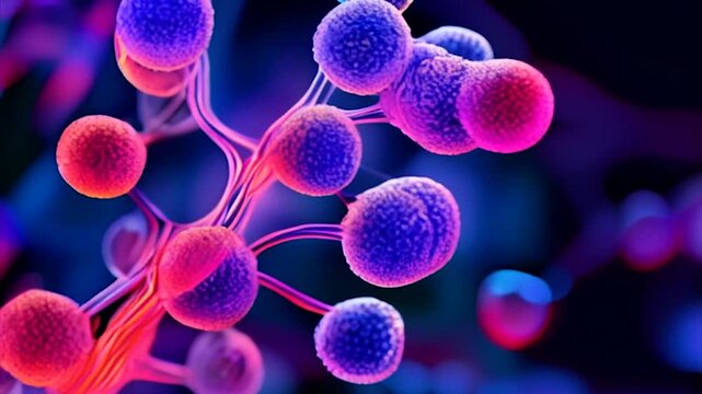 Molecules of candida auris fungal infection, macro. Neon art