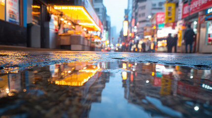 Obraz premium vibrant city street scene reflects colorful lights in puddle, showcasing lively atmosphere of urban life. wet pavement adds unique perspective to bustling environment
