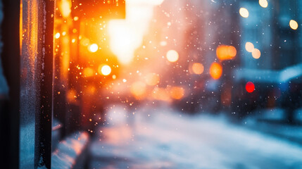 Fototapeta premium beautiful winter scene captures snowflakes gently falling in city street, illuminated by warm sunset hues. soft glow of streetlights adds magical touch to atmosphere