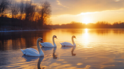 Fototapeta premium Majestic swans glide gracefully across tranquil lake at sunset, reflecting warm hues of sky. serene atmosphere evokes sense of peace and beauty