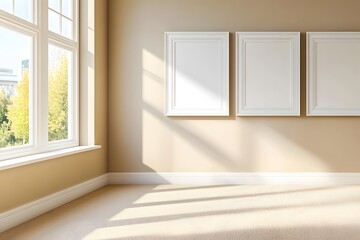 Fototapeta premium Three white frames side by side leaning against the wall in an empty room with beige walls and light brown carpet. Sunrays are coming through the window on the left
