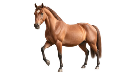 Fototapeta premium Beautiful chestnut stallion standing isolated on a white pasture