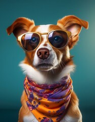Dogs with sunglasses and bandana posing for studio fashion photo shoot