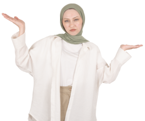 I have no idea, front view portrait of caucasian muslim woman in hijab looking confused, shrugging shoulders holding hands open palms up air. Don't know the answer. Doubting, feeling uncertain.
