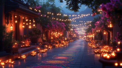 Obraz premium Diwali Celebration: Illuminated Street with Rangoli and Diyas