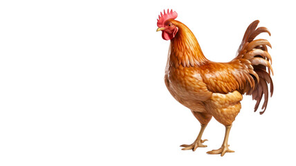 Fototapeta premium The rooster has a bright red beak and brown feathers, indicating its farm animal and poultry origins.