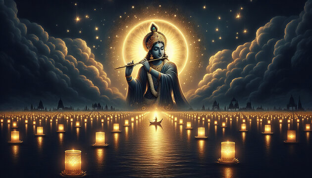 Krishna plays the flet among the clouds above the lake with lanterns