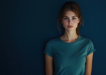 Fototapeta premium Young Woman in Blue T-Shirt Against Dark Blue Background. Generative AI.
