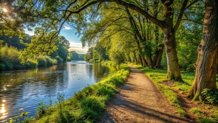 River bank footpath near trees reflected in water