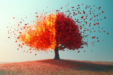 Windy Autumn Breeze. Tree with leaves blowing away in autumn wind, seasonal nature scene perfect for fall backgrounds, environmental themes, or weather concepts with clear sky, warm tones, and dynami