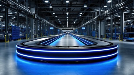 Modern industrial interior with illuminated circular platform and spacious layout.