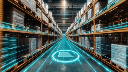 Fototapeta premium Modern warehouse with digital elements and organized storage system.