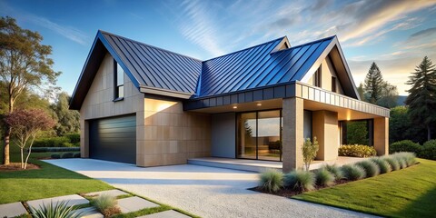 Obraz premium A contemporary home with a sleek metal roof, featuring a spacious porch and a landscaped yard with lush greenery