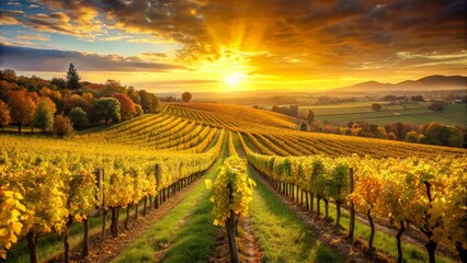 Golden Vines Bathed in the Warm Embrace of the Setting Sun, a Symphony of Color and Tranquility