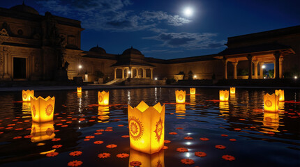 Glowing Paper Lanterns Floating in Palace Pool with Marigold Petals Under Full Moon, Traditional Indian Festival Celebration at Historic Architecture