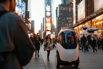 A futuristic unicycle robot navigates efficiently through a bustling city street teeming with pedestrians and digital advertisements, symbolizing modern mobility solutions.