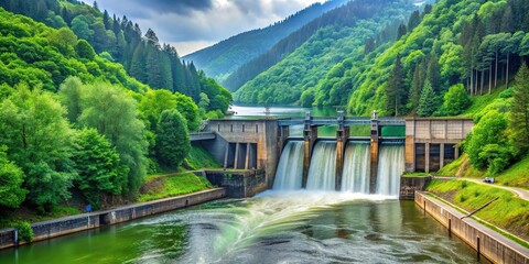 Fototapeta premium River flowing through dam in green forest hydroelectric power plant