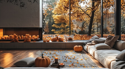 A cozy modern living room, with a fireplace, pumpkin decor and a huge window with leaves falling outside.