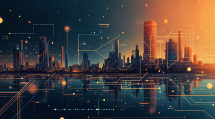 abstract background digital lines construction night city neon lights industry and technology. Generative AI