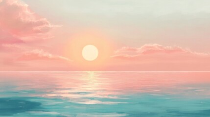 Fototapeta premium A serene sunset over a calm ocean with a warm, pink and orange sky.