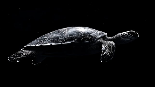 A turtle with a patterned shell on a black background.