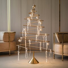 Luxurious modern minimalist Christmas tree featuring a geometric gold metal structure adorned with elegant white ornaments and ribbons in a contemporary interior.
