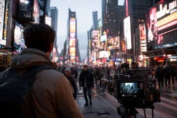 Obraz premium A filmmaker with a camera documents the dynamic urban cityscape at twilight, capturing the vibrant colors and bustling activities in a modern metropolis.
