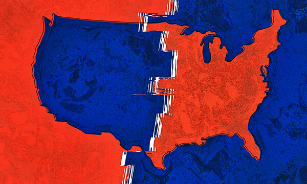 divided usa outline of america with ragged split fault line divides red and blue republican and democrat  political side with grunge texture