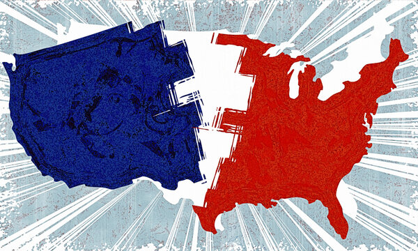 divided usa outline of america with ragged split red and blue republican and democrat political sides falling apart with rays starburst and grunge texture
