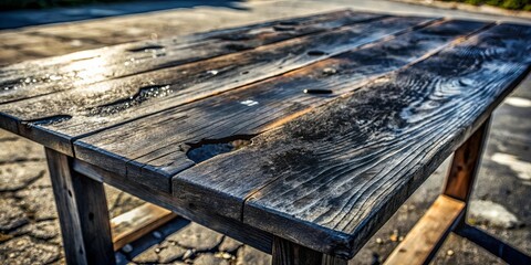 Fototapeta premium The worn wood surface of an old table, its grain patterns and weathered texture telling a story of time and use.