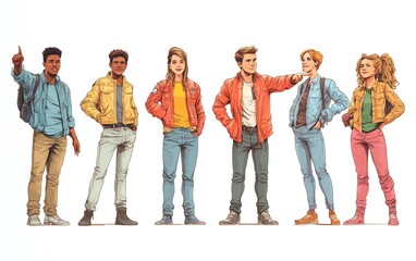 Fototapeta premium Colorful cartoonstyle depiction of young professionals, standing in a row and pointing to the side, isolated on a pure white background, embodying a sense of direction and purpose